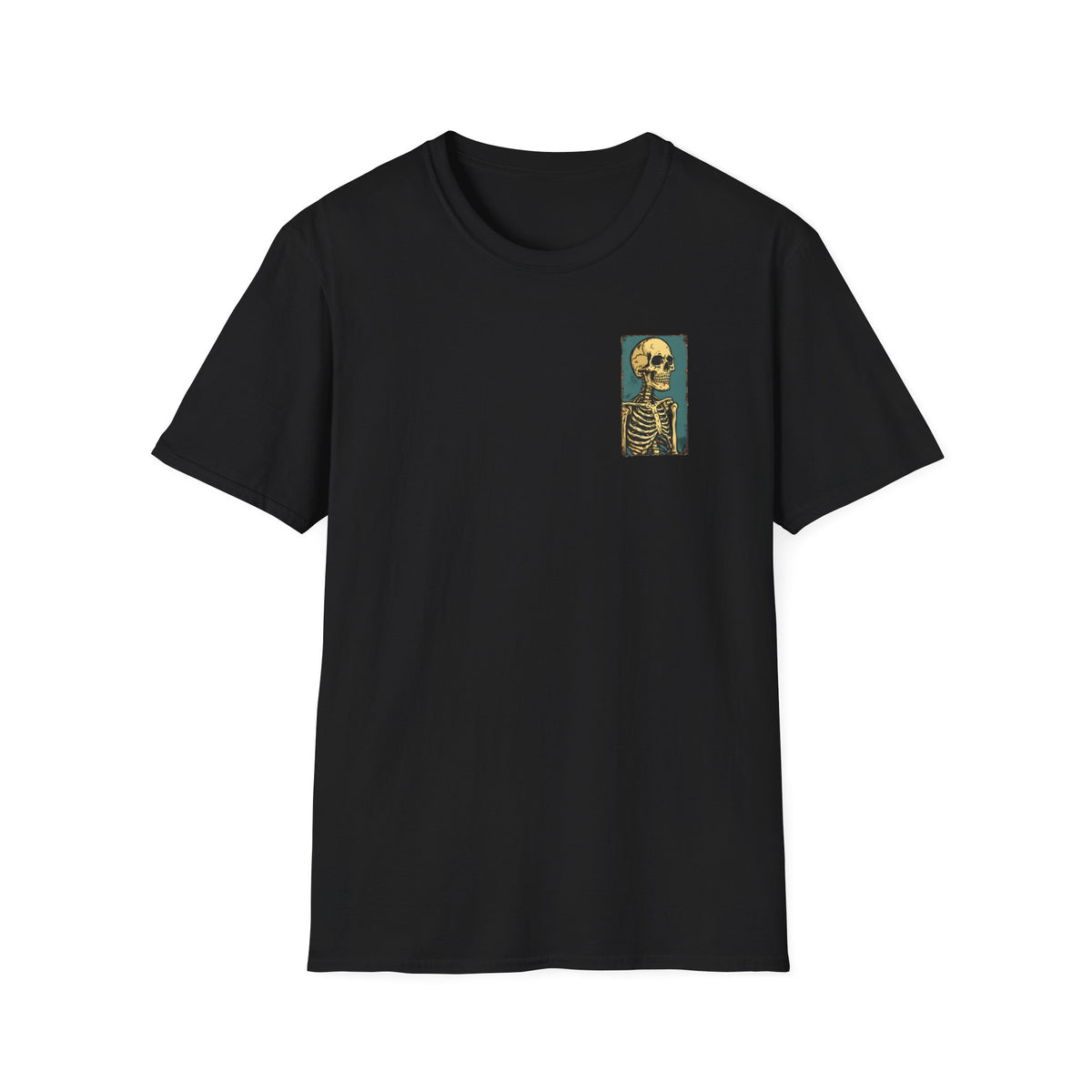 Vintage Yellow Skeleton Pocket T‑Shirt — Retro Anatomical Skull Tee