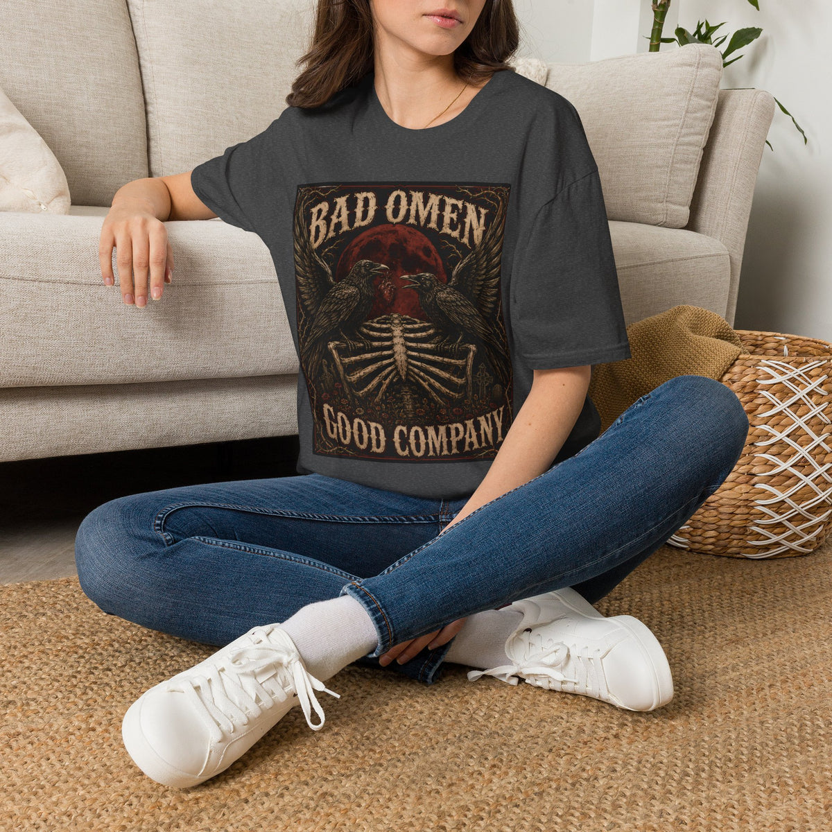 Bad Omen Graphic T‑Shirt — Gothic Raven Skeleton Retro Band Tee
