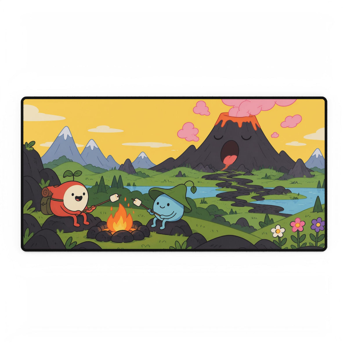 Mouse Mat | Cute Camping | Cartoon Volcano, Campfire & Scenic Gaming Desk Mat