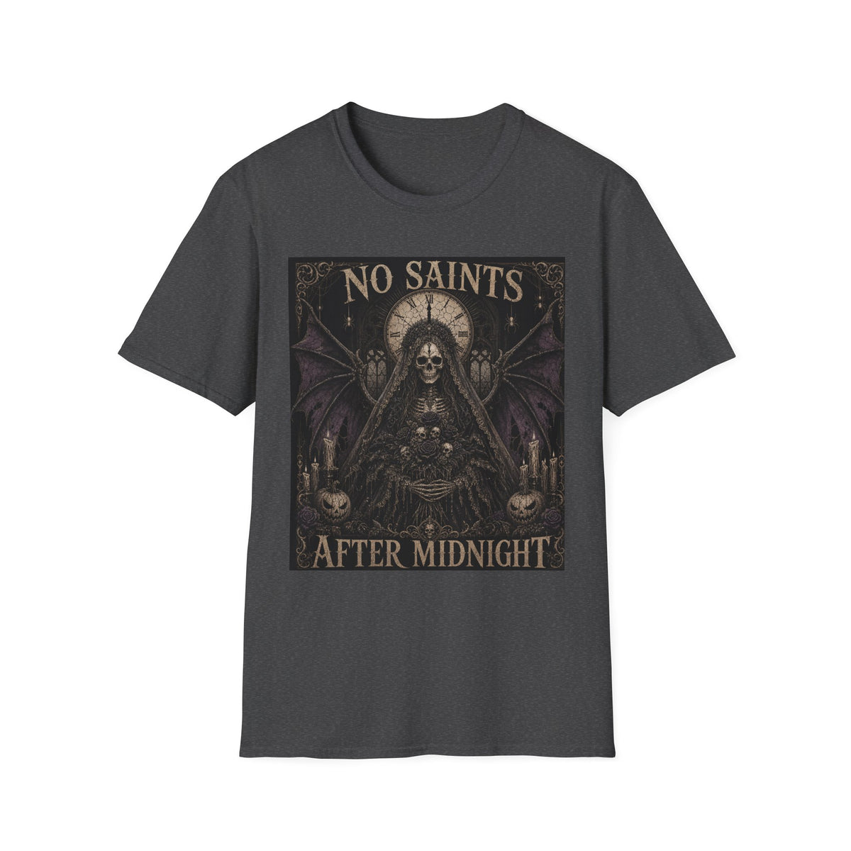 No Saints Graphic T-Shirt — Gothic Skull Clock Design