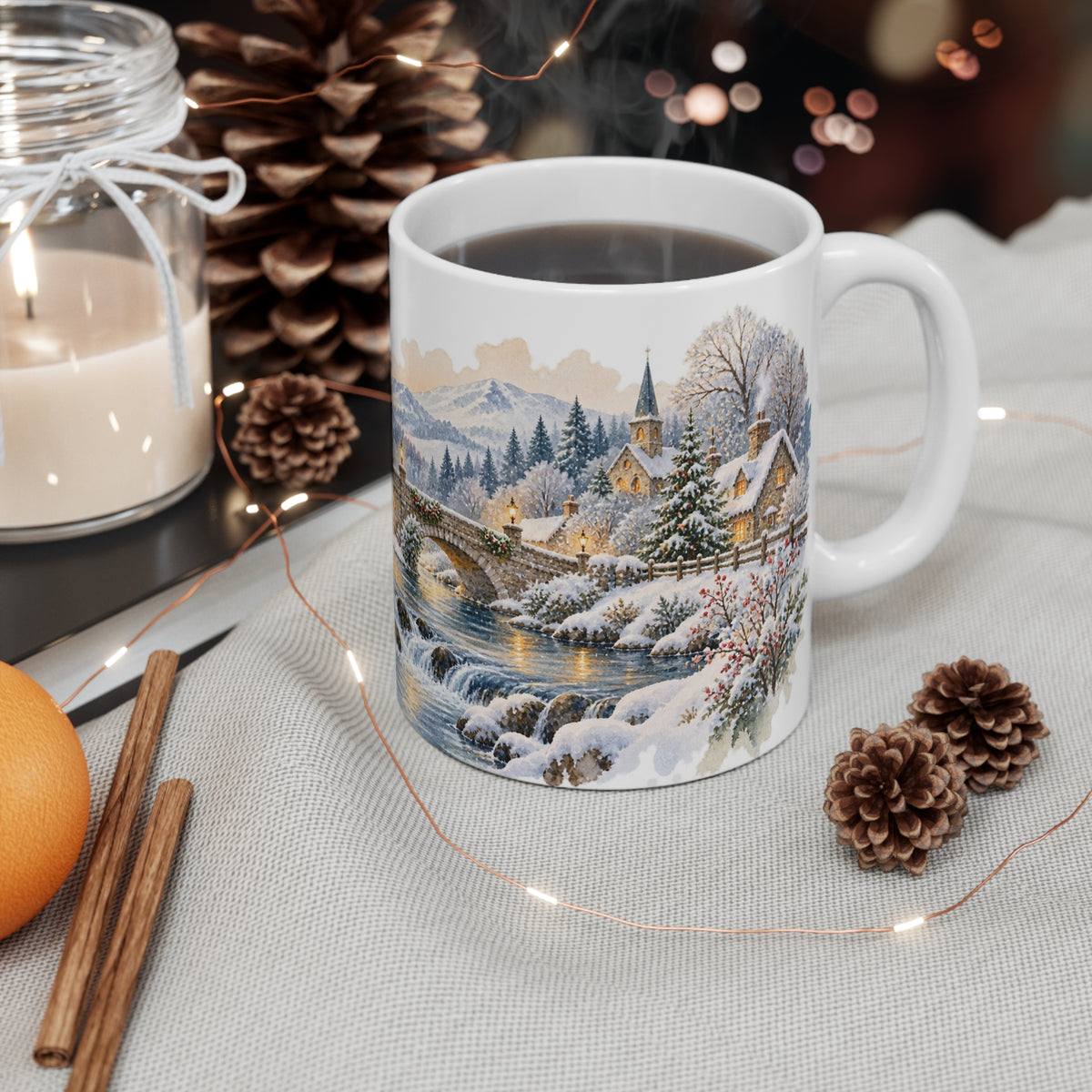 Winter Village Mug | Snowy Stone Bridge Watercolour | Countryside Gift
