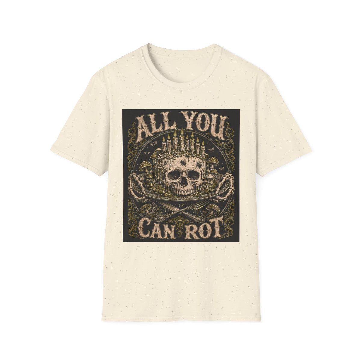 Cream T-shirt with All You Can Rot text and skull crowned with candles, front view.