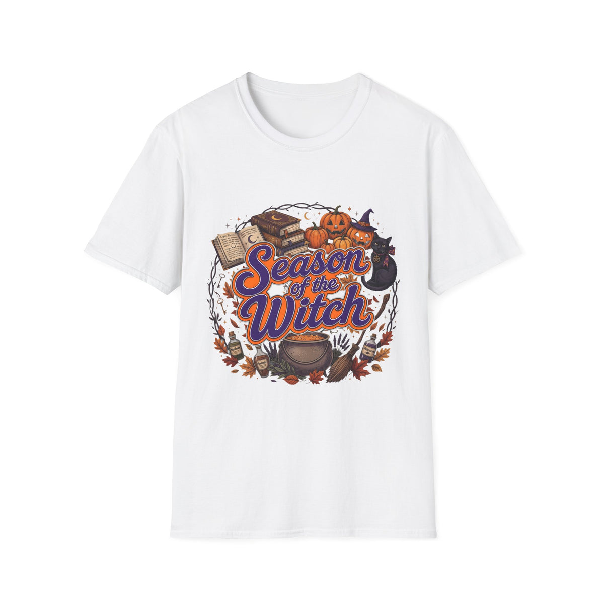 White T-shirt with Season of the Witch lettering with pumpkins, spellbooks and a witch hat, front view.
