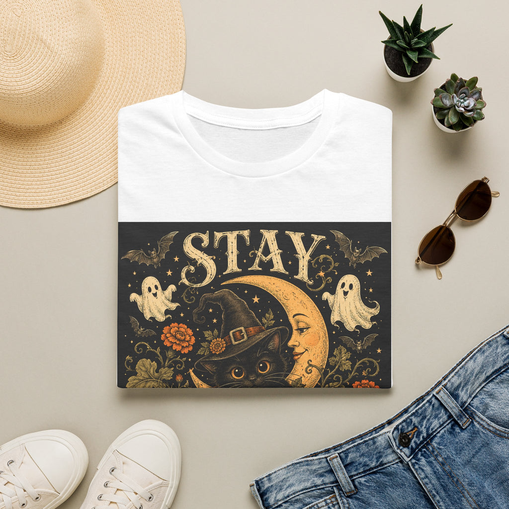 Halloween 'Stay Bewitched' T‑Shirt — Vintage Moon, Black Cat & Pumpkin Design