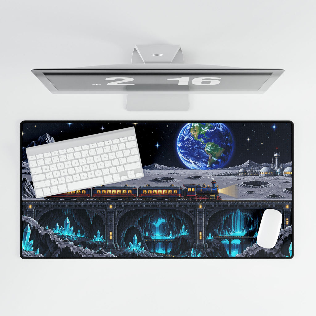 Lunar Express Desk Mat — Space Train Moonscape Gaming Mouse Pad