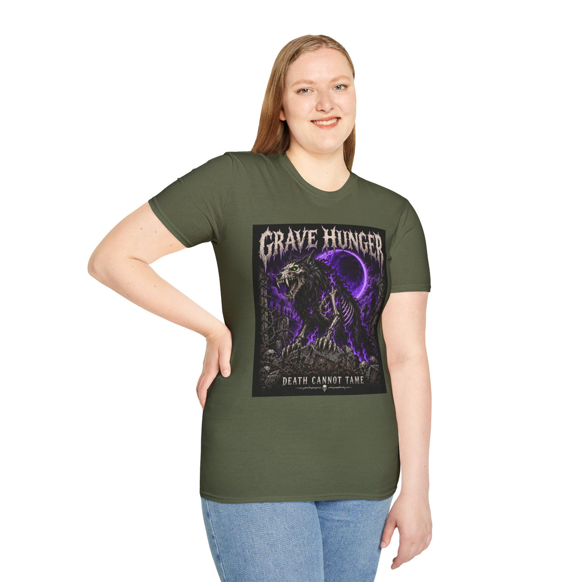 Grave Hunger Gothic Band Tee — Purple Reaper Graphic T-Shirt