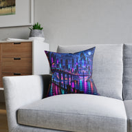 Neon City Pixel Art Cyberpunk Skyline Cushion | Decorative Sofa Pillow