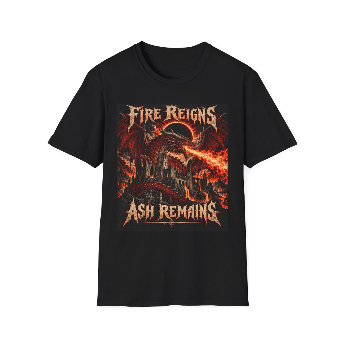 Fire Reigns Ash Remains T-Shirt — Dragon Flames Heavy Metal Graphic Tee