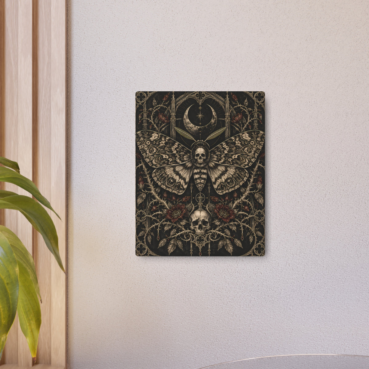 Metal Art Sign | Gothic Death Moth | Dark Skull & Crescent Moon Wall Art