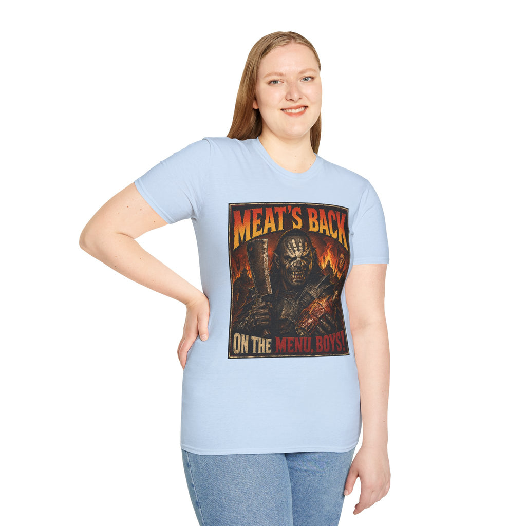 Meat’s Back Horror Graphic T-Shirt — ‘Meat’s Back on the Menu Boys’ Retro Slayer Tee