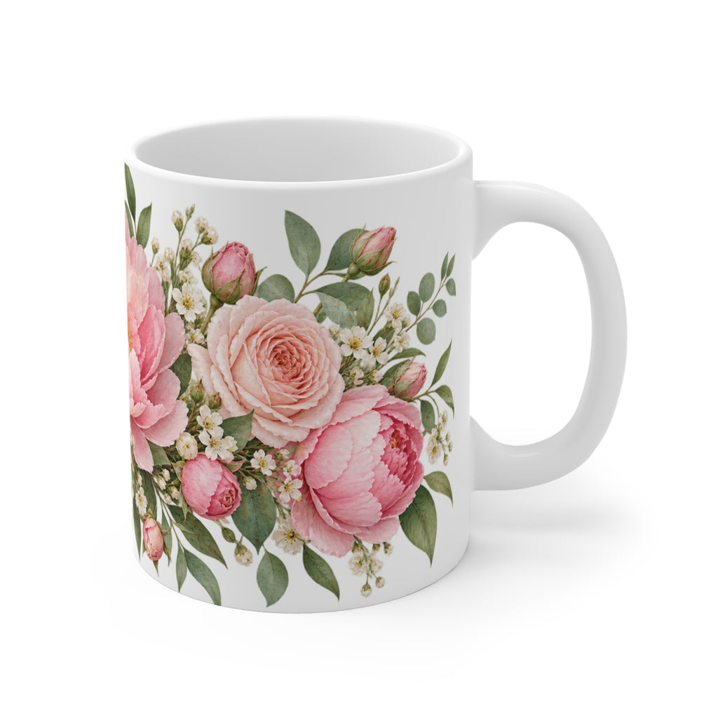 Pastel Pink Peony and Rose Floral Mug | Blush Flower Design