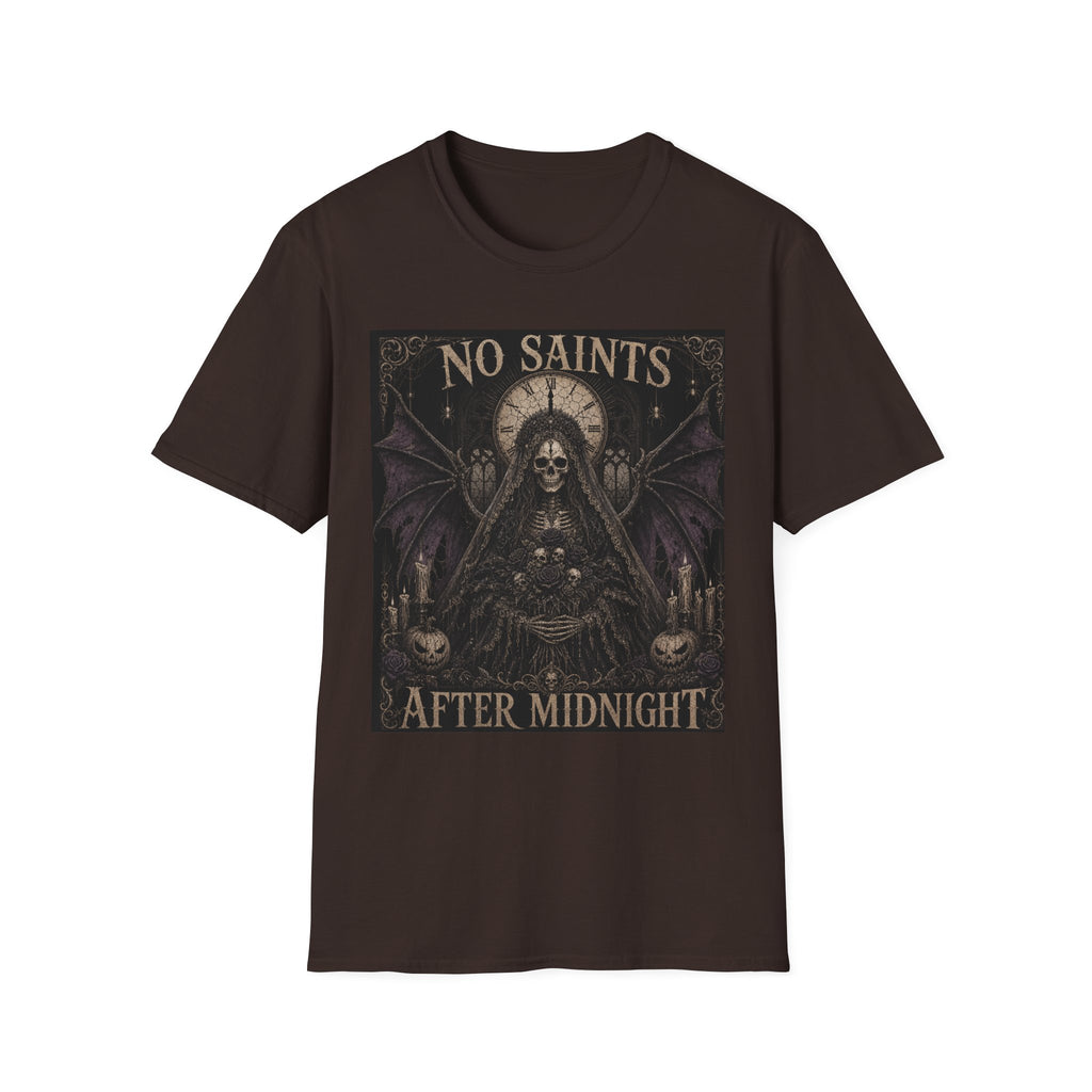 No Saints Graphic T-Shirt — Gothic Skull Clock Design