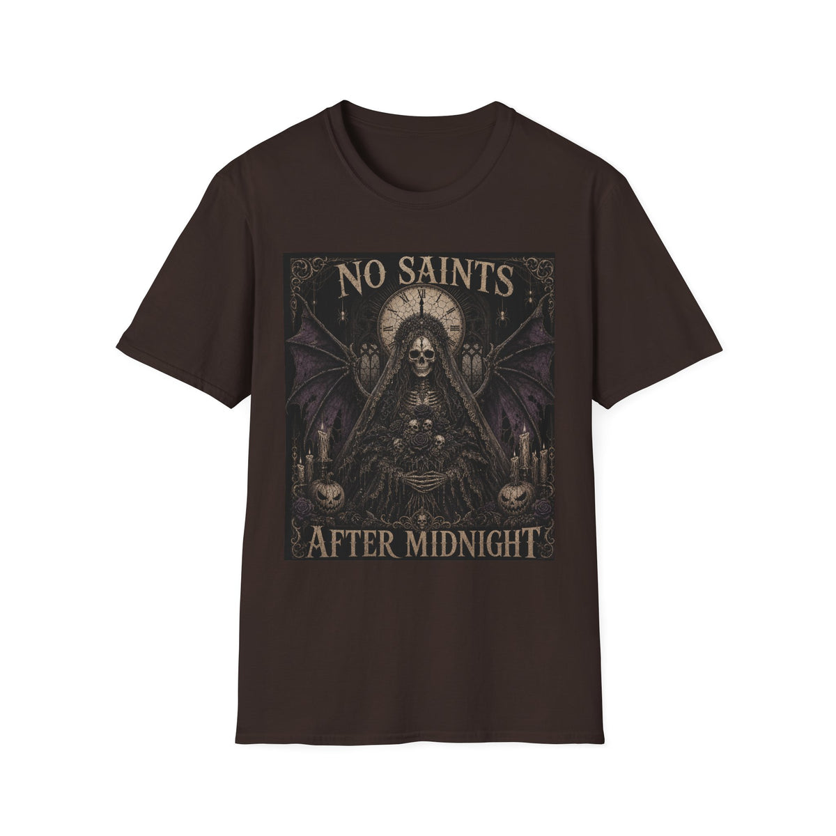 No Saints Graphic T-Shirt — Gothic Skull Clock Design