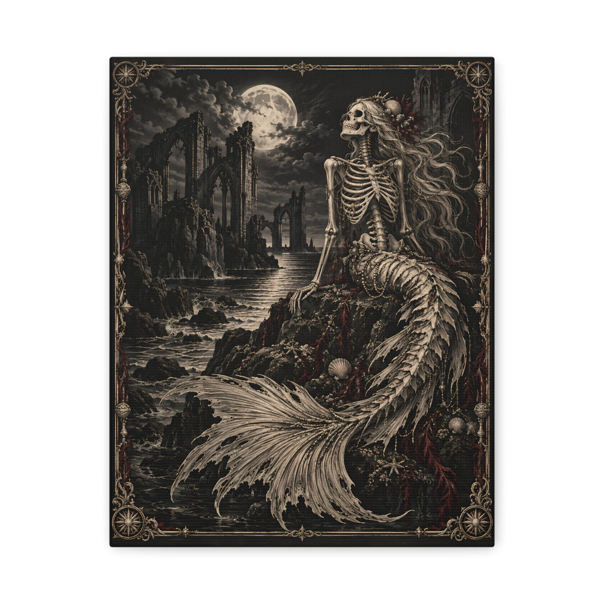 Canvas | Gothic Skeleton Mermaid | Occult Wall Art