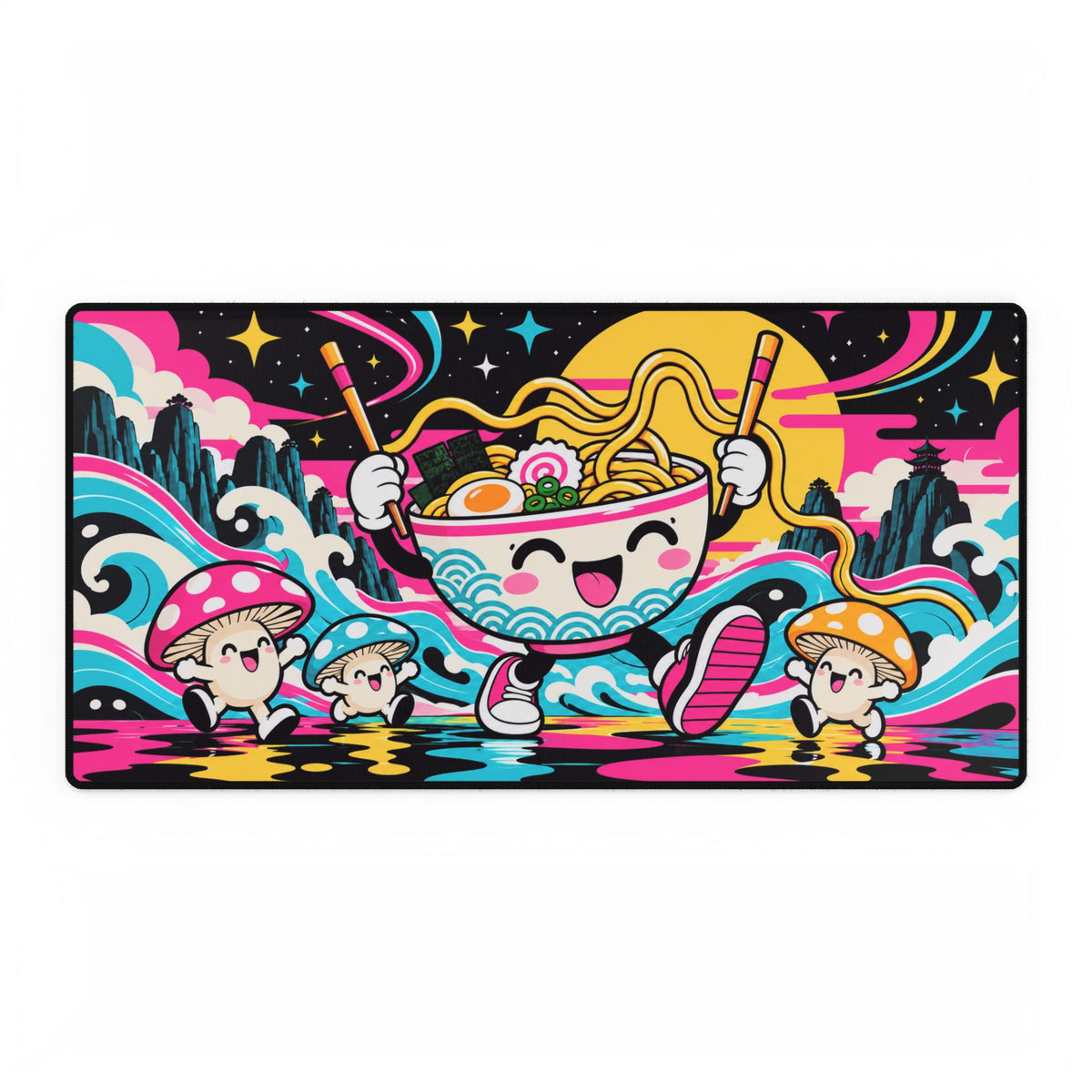 Mouse Pad | Kawaii Ramen | Neon Noodle Bowl & Cute Mushrooms | Desk Mat