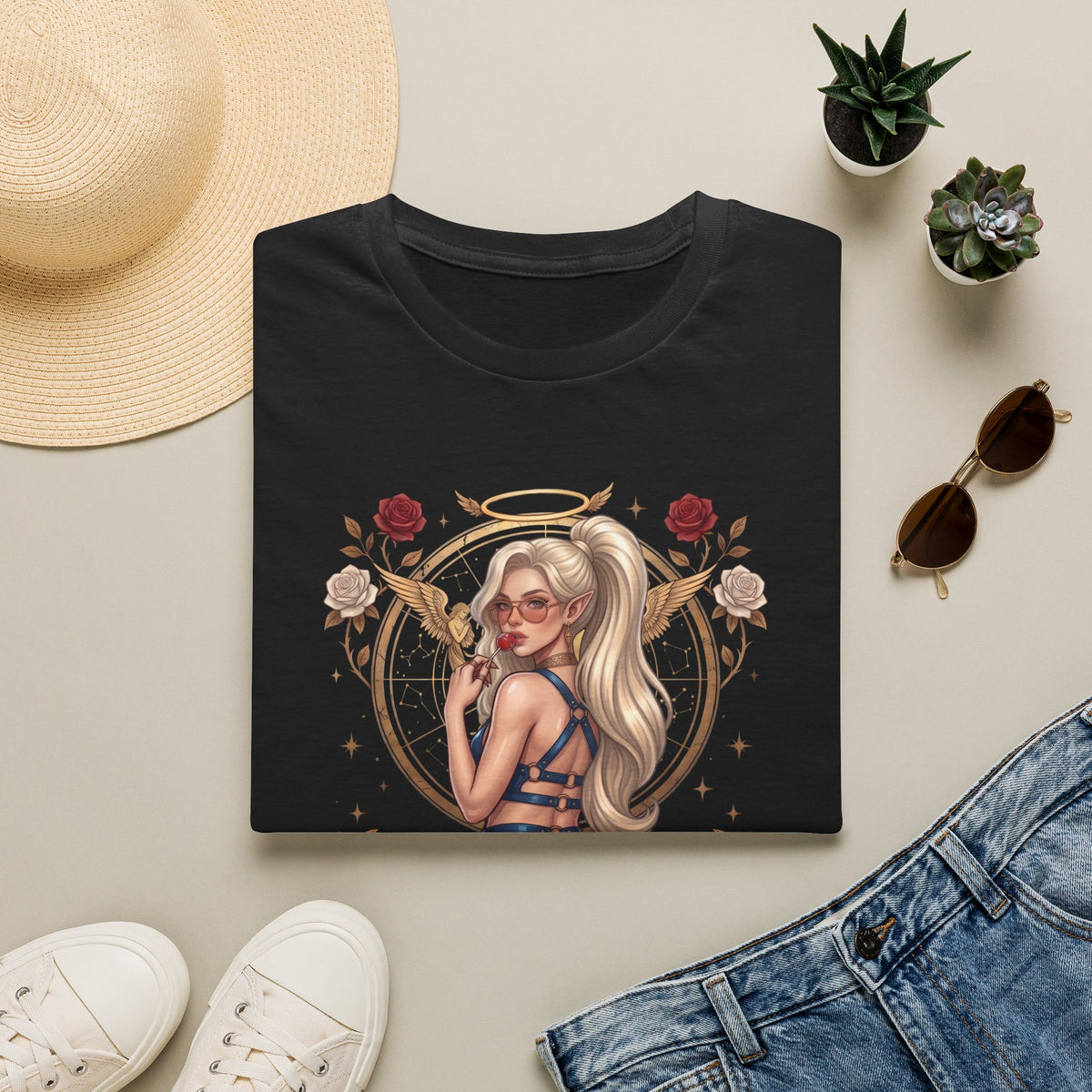 Sexy Angel Blonde Pin-Up Girl T Shirt - Rose Halo Graphic T-Shirt