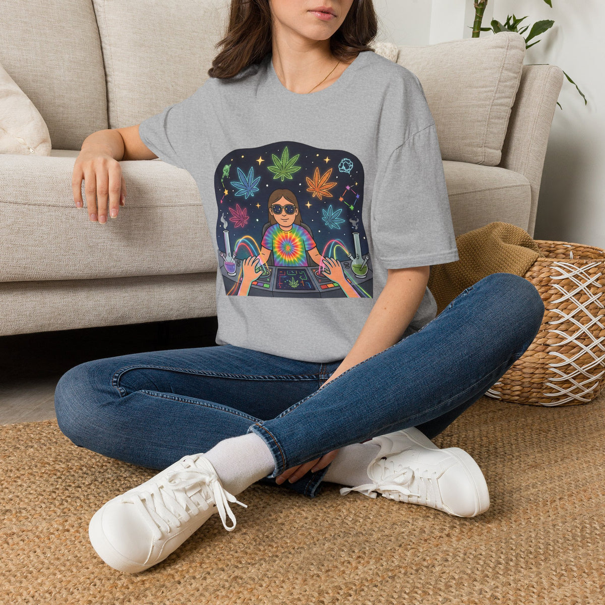Psychedelic DJ Tee — Tie-Dye Vibes with Leaf Motif