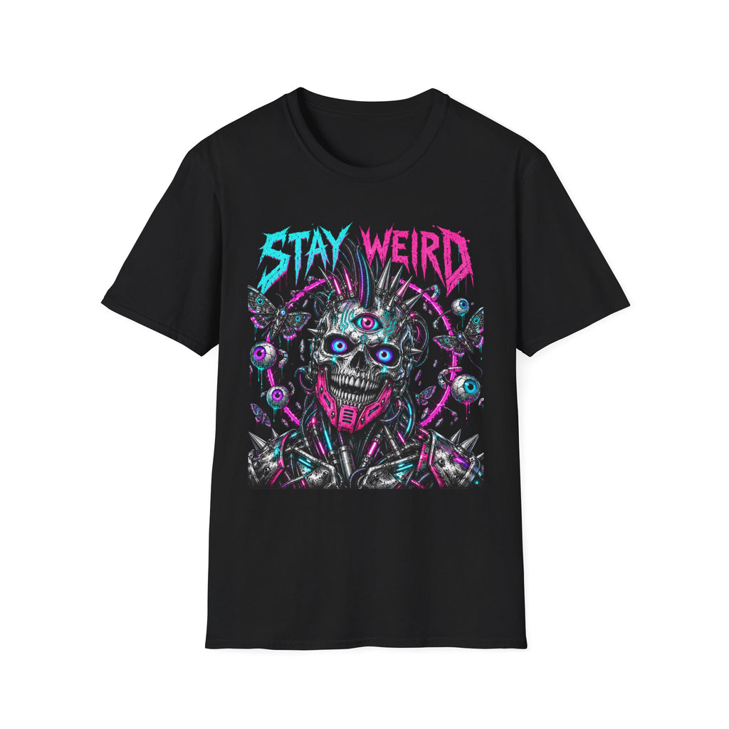 Stay Weird Graphic Tee — Neon Cyberpunk Skull Shirt