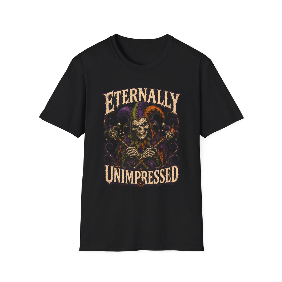 Eternally Unimpressed T-Shirt - Halloween Gothic Jester Skull Graphic Tee