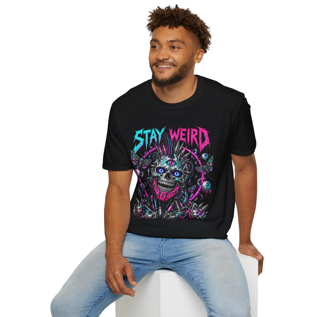 Stay Weird Graphic Tee — Neon Cyberpunk Skull Shirt