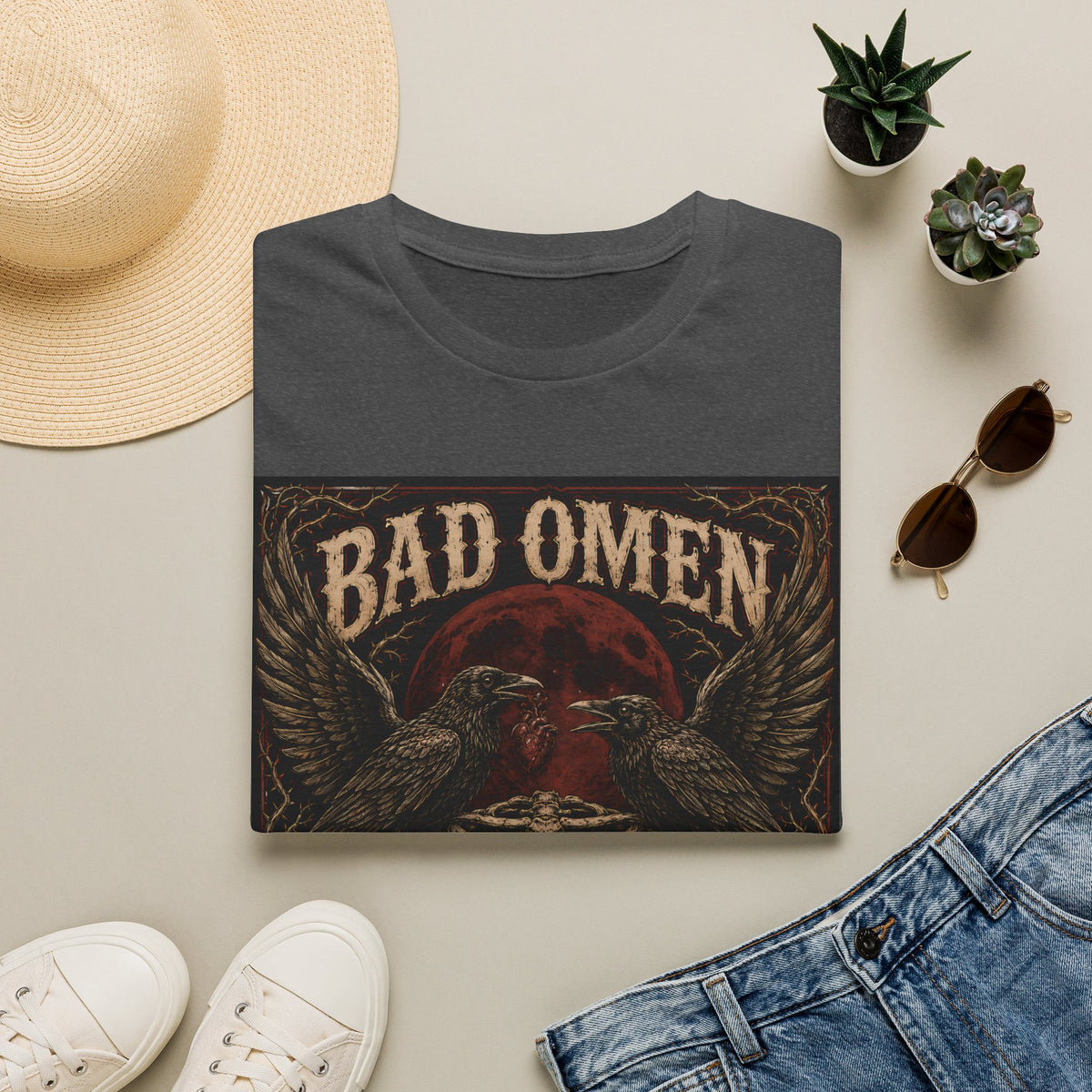 Bad Omen Graphic T‑Shirt — Gothic Raven Skeleton Retro Band Tee