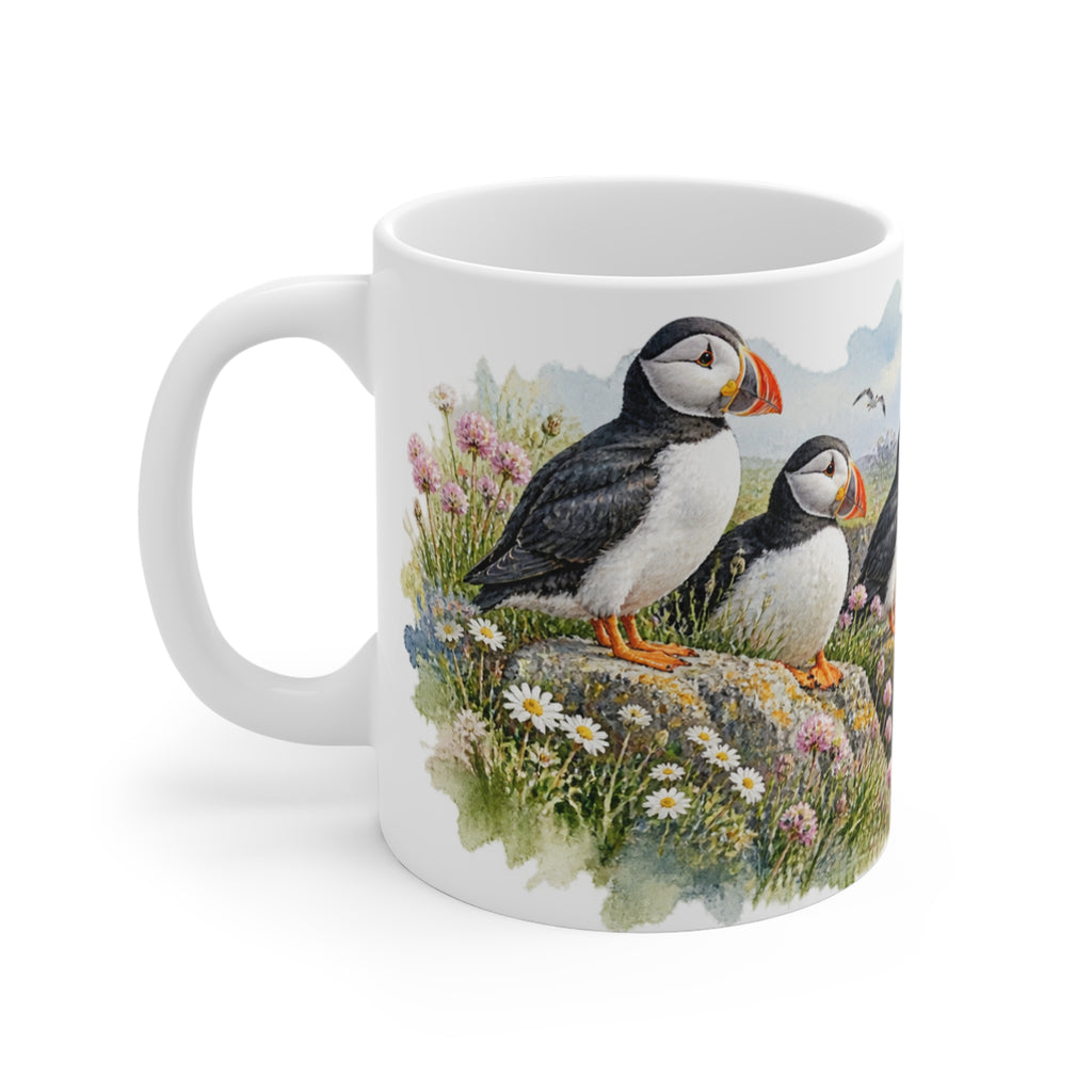 Puffins and Lighthouse Watercolour Mug | Nautical Seabird Coast