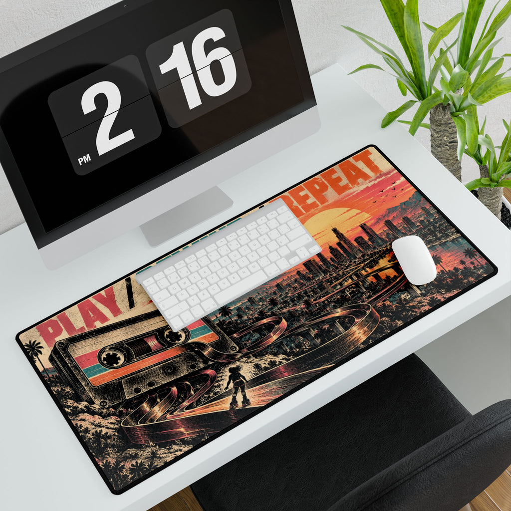Mouse Pad | Retro 'Play / Rewind / Repeat' | Vintage Cassette Sunset Gaming Desk Mat