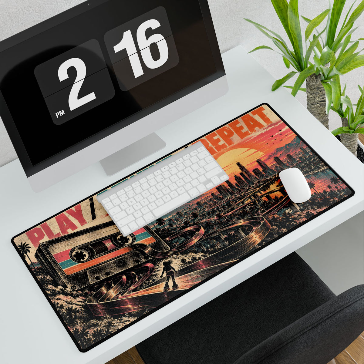 Mouse Pad | Retro 'Play / Rewind / Repeat' | Vintage Cassette Sunset Gaming Desk Mat