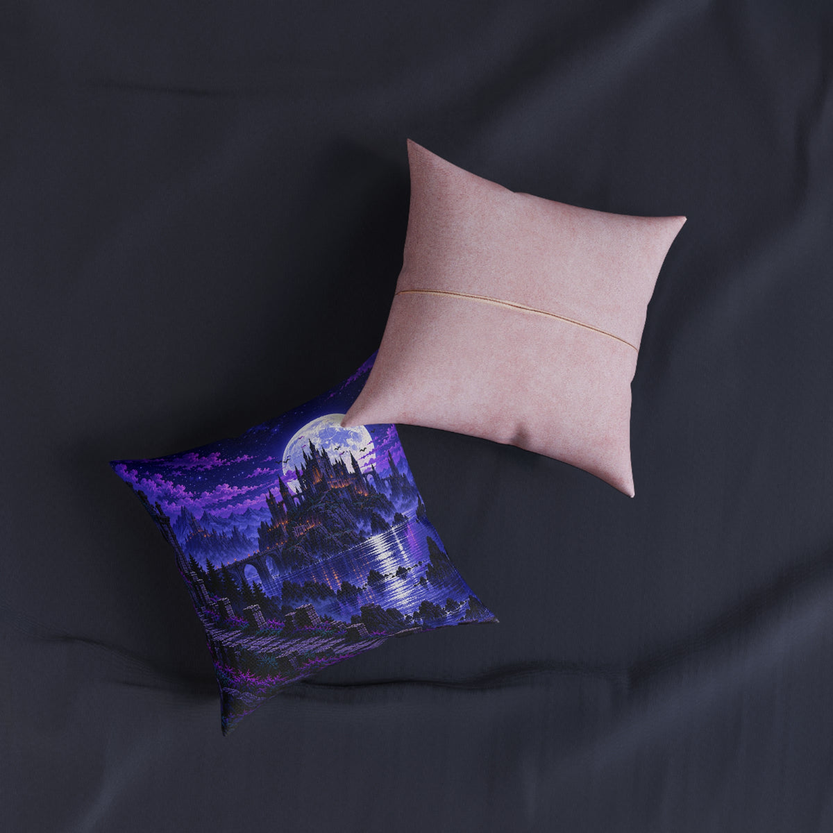 Moonlit Castle Pixel Art Gothic Fantasy Cushion | Decorative Sofa Pillow