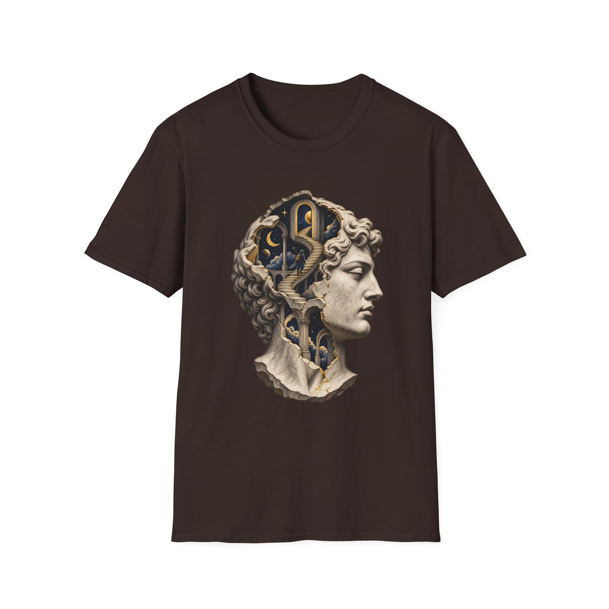Surreal Statue T-Shirt Design | Cosmic Mind & Dream Staircase