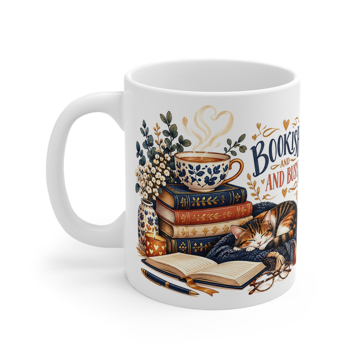Bookish & Busy | Cute Book and Cat Lovers Coffee Mug Gift (11oz)