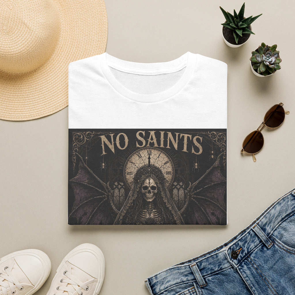 No Saints Graphic T-Shirt — Gothic Skull Clock Design