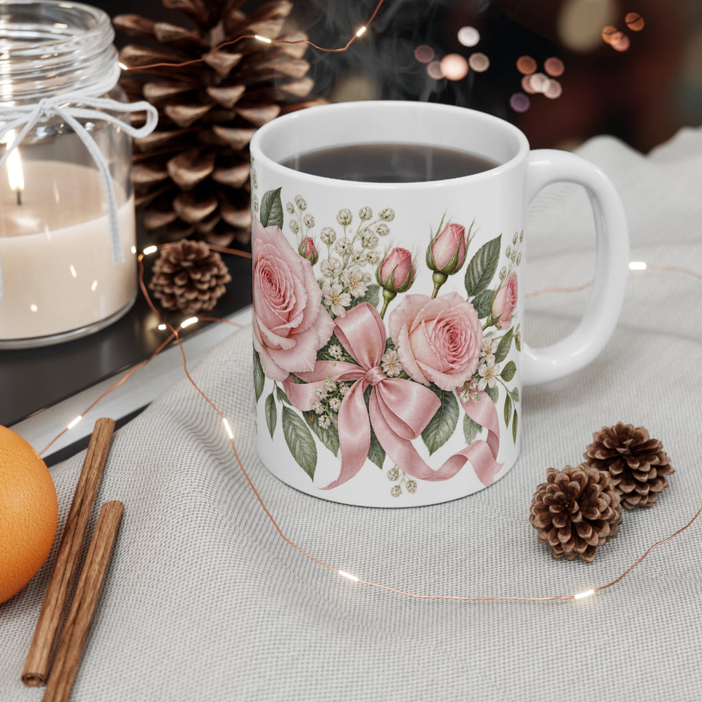 Pastel Pink Rose and Bow Mug | Coquette Floral Design