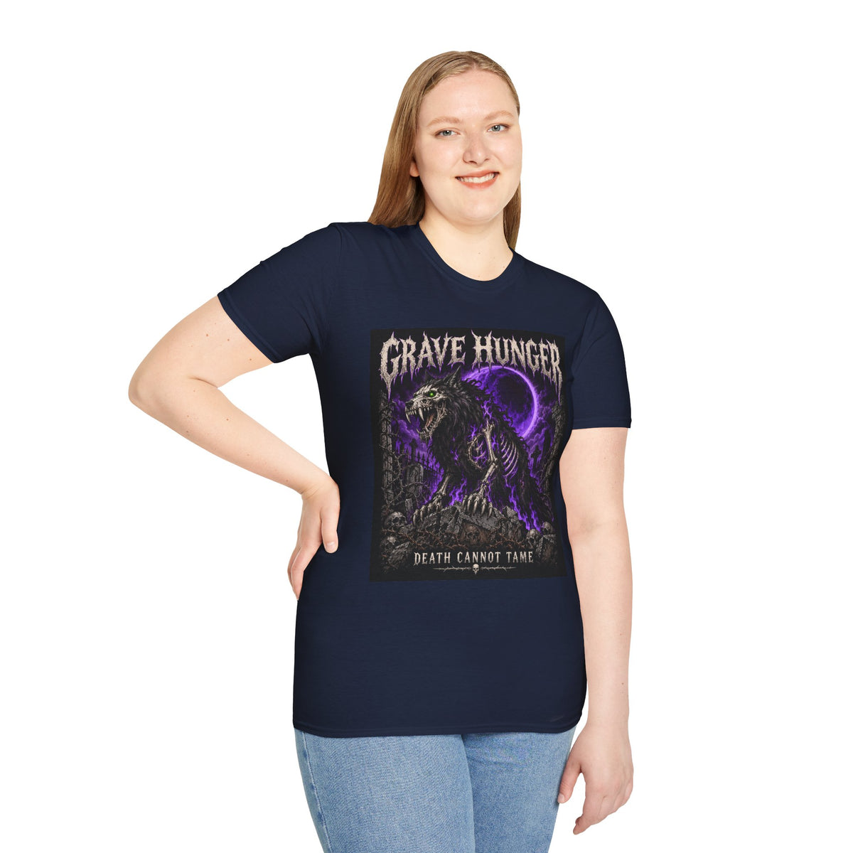 Grave Hunger Gothic Band Tee — Purple Reaper Graphic T-Shirt
