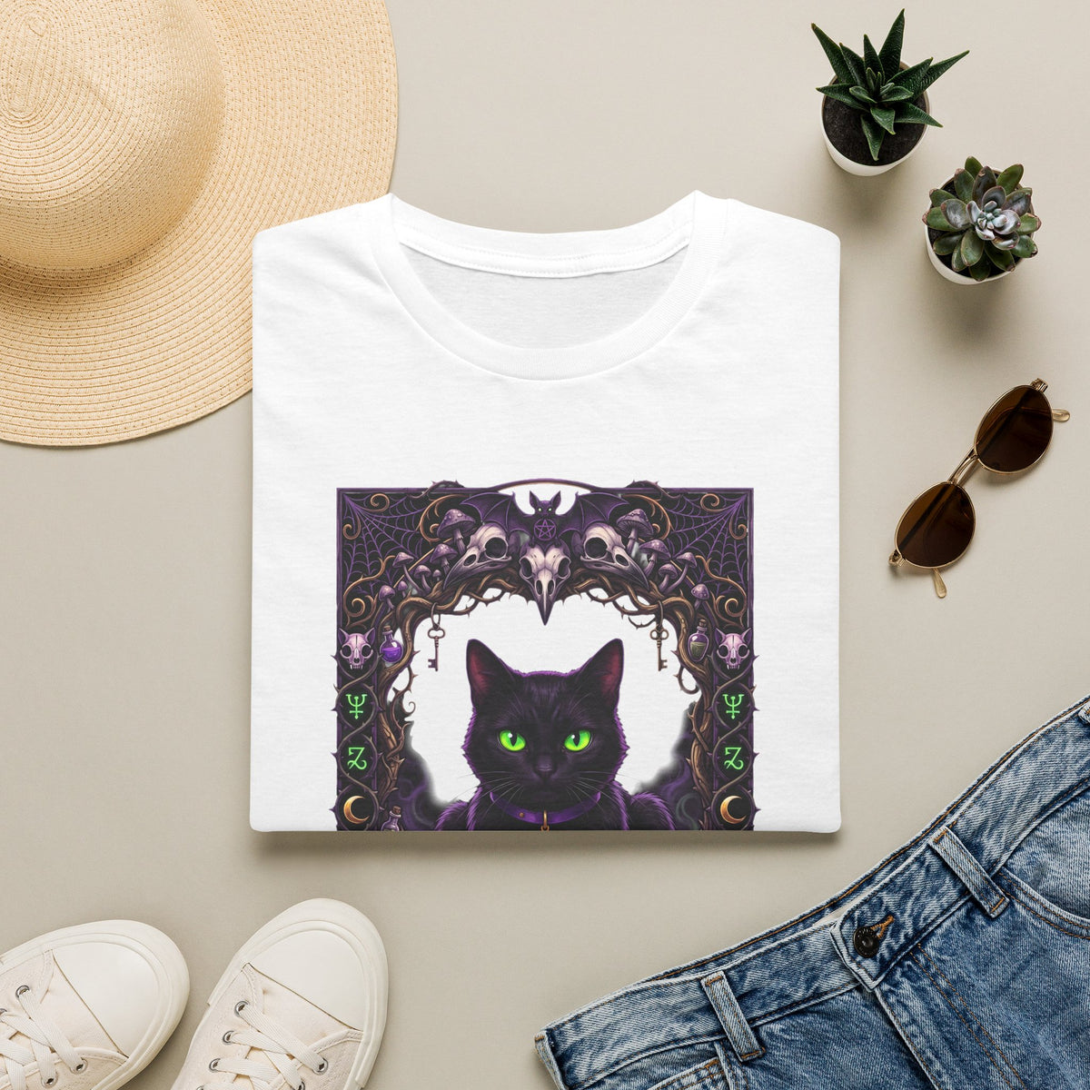 Mystic Green-Eyed Cat Tee - Gothic Occult Cat Graphic T-Shirt