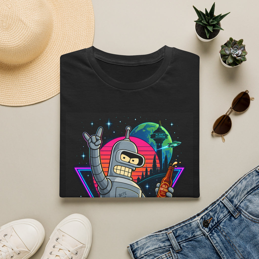 Folded black t-shirt with colourful Bender robot graphic, styled flat lay.