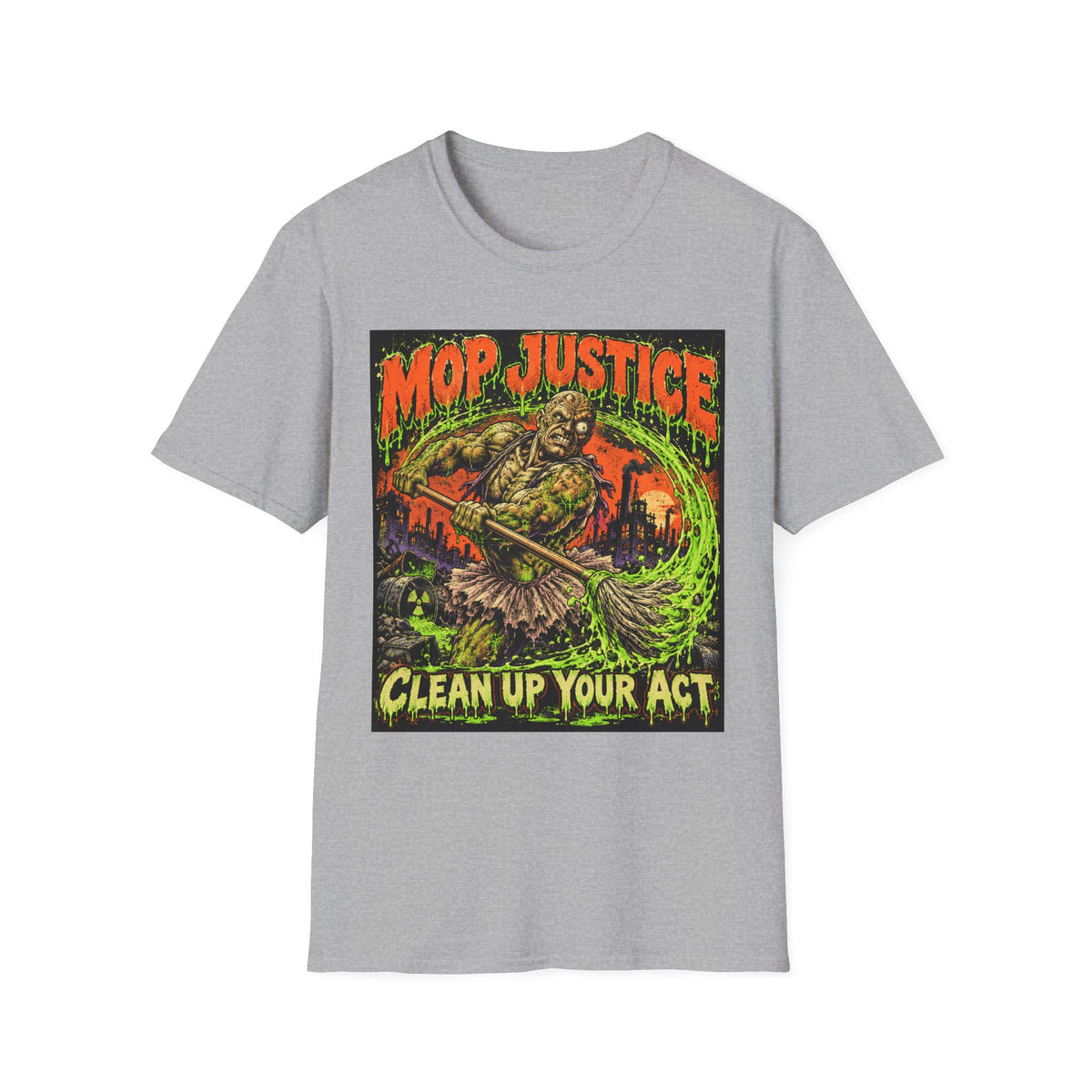 Mop Justice T-Shirt — Retro Horror Cleanup Graphic Tee ("Clean Up Your Act")