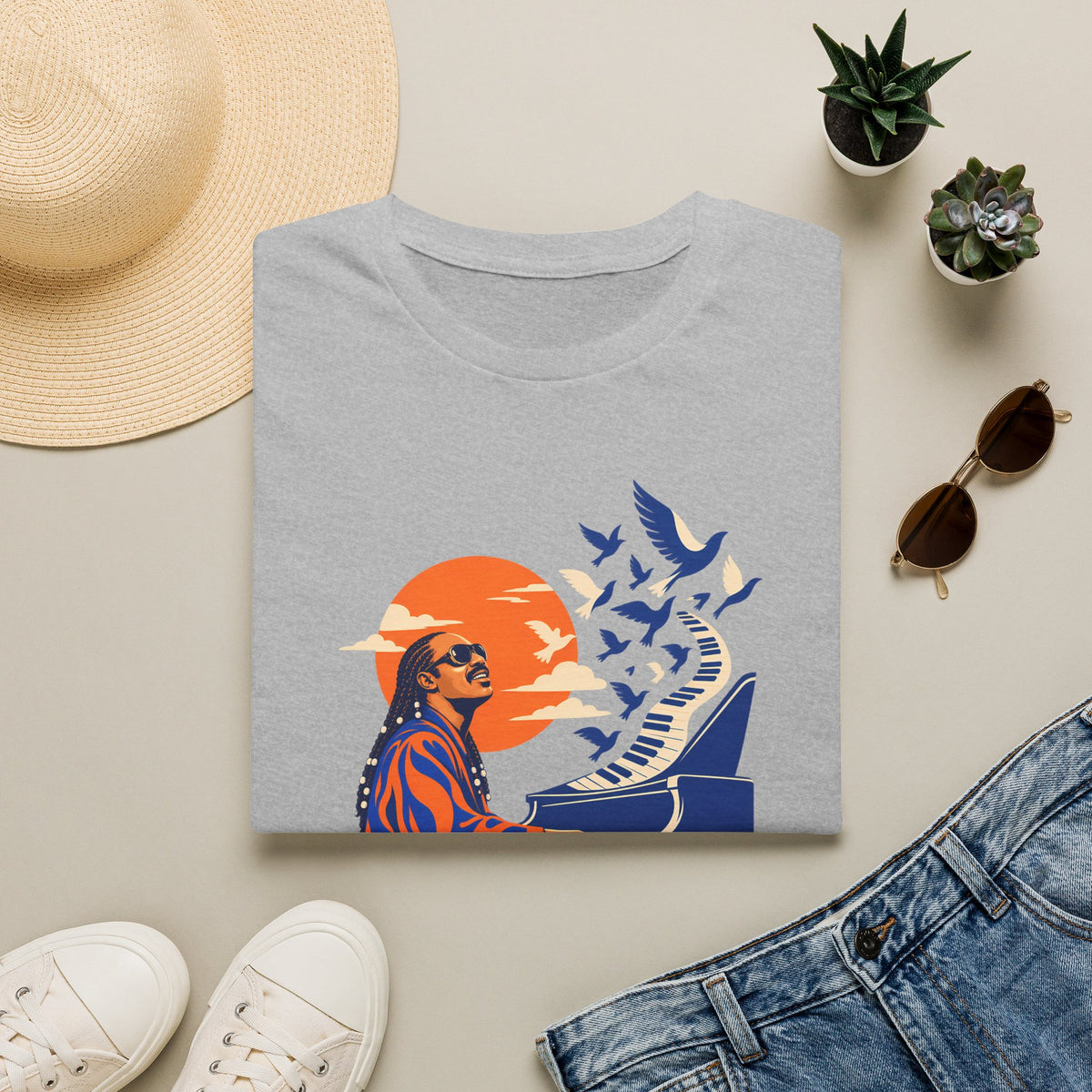 Stevie Wonder Piano Retro Tee - Vintage Sunset Music Legend T-Shirt