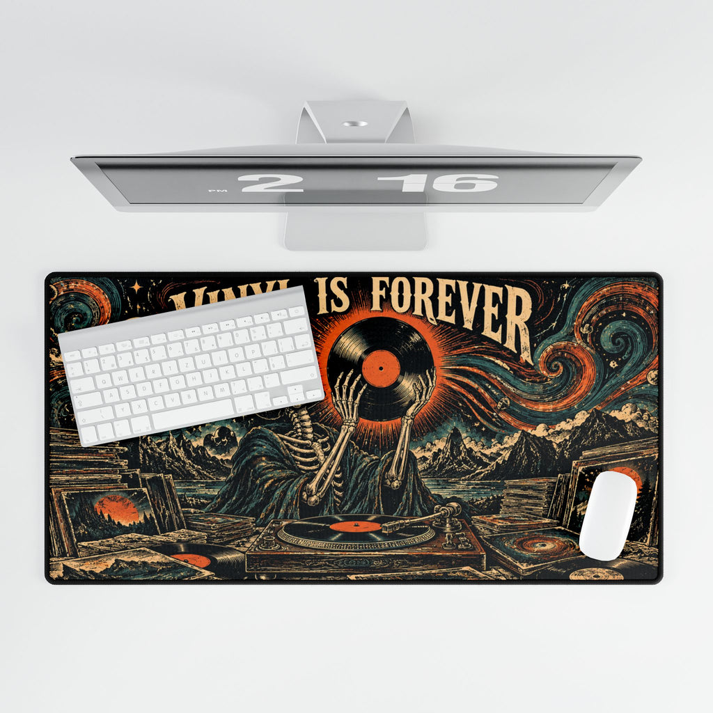 Mouse Pad | Vinyl Is Forever | Retro Skeleton Record Player Desk Mat