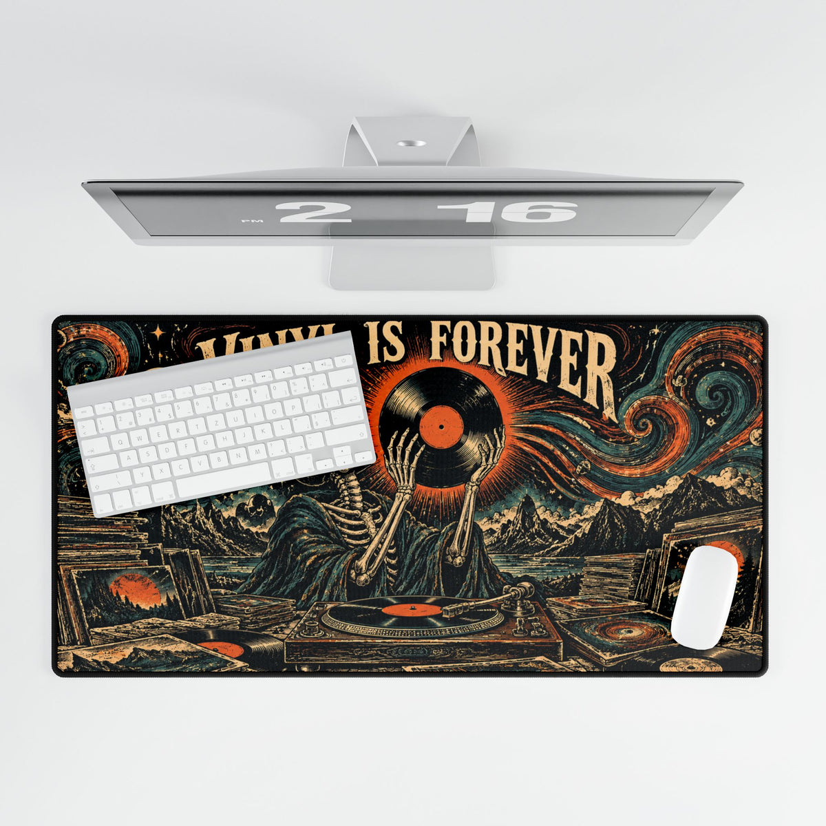 Mouse Pad | Vinyl Is Forever | Retro Skeleton Record Player Desk Mat