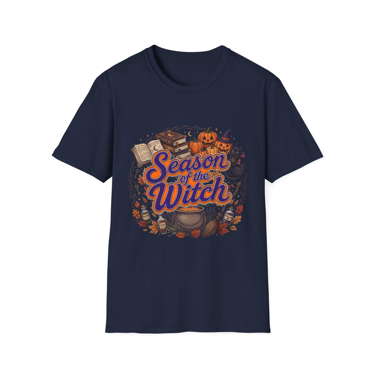 Navy T-shirt with Season of the Witch lettering with pumpkins, spellbooks and a witch hat, front view.
