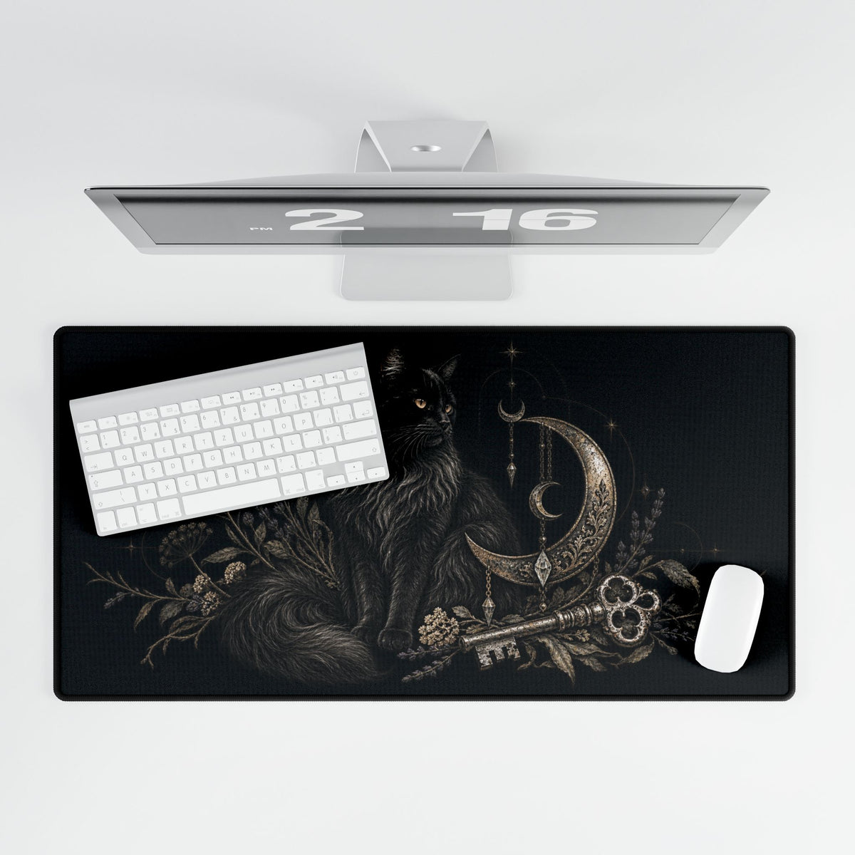 Mouse Mat | Black Cat & Crescent Moon | Witchy Gothic Art Desk Pad