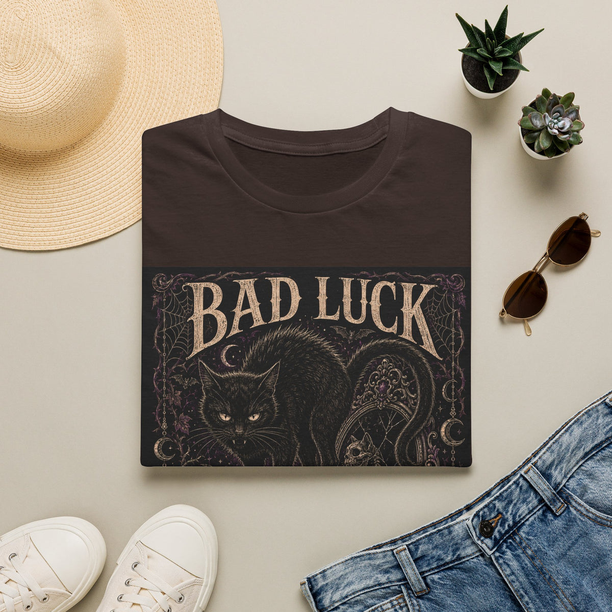 Bad Luck Black Cat Graphic T-Shirt — Gothic Skull Vintage Tattoo Tee