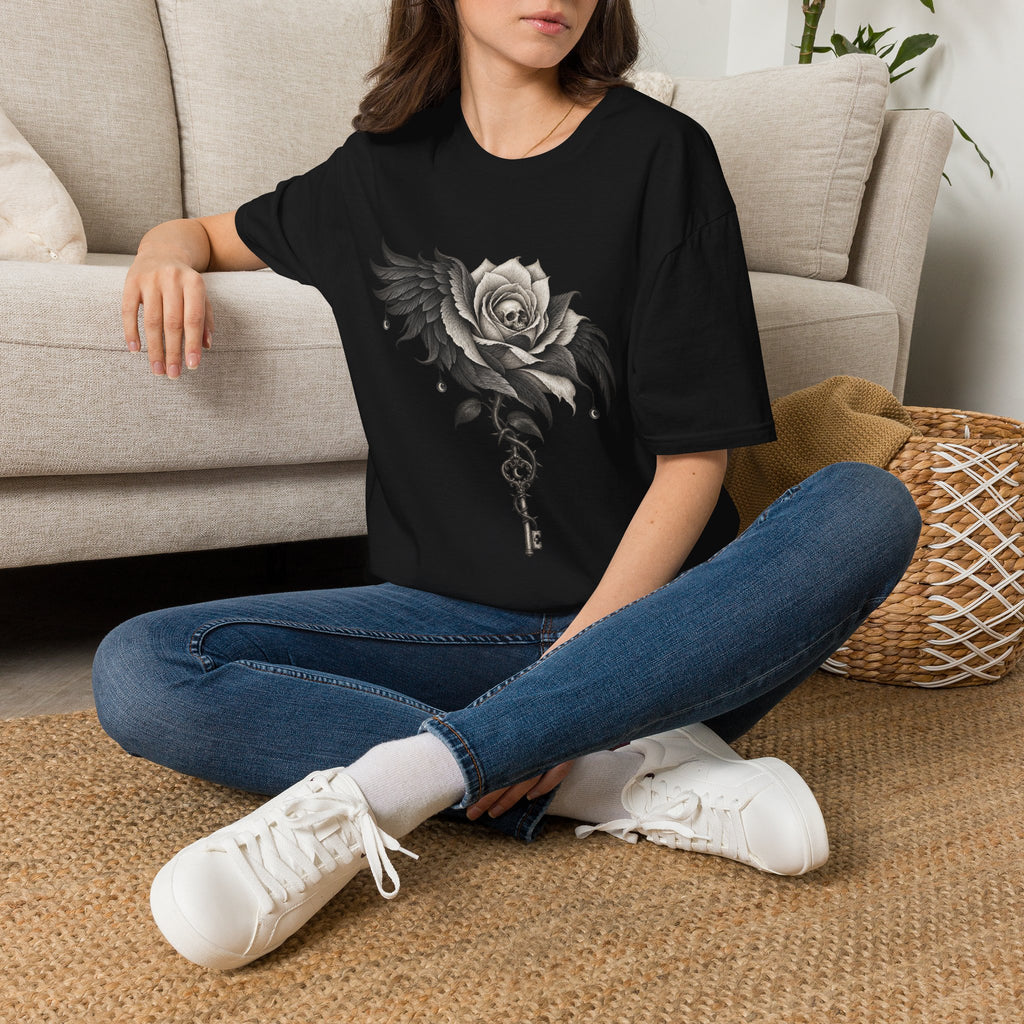 Gothic Skull Rose T-Shirt Design | Raven Wings & Skeleton Key