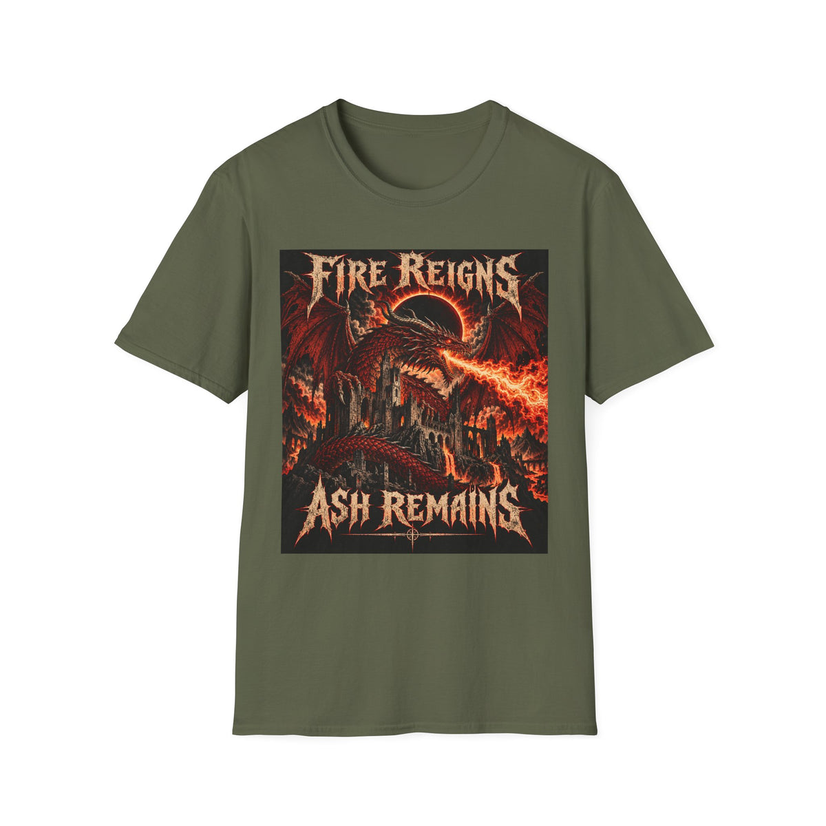 Fire Reigns Ash Remains T-Shirt — Dragon Flames Heavy Metal Graphic Tee