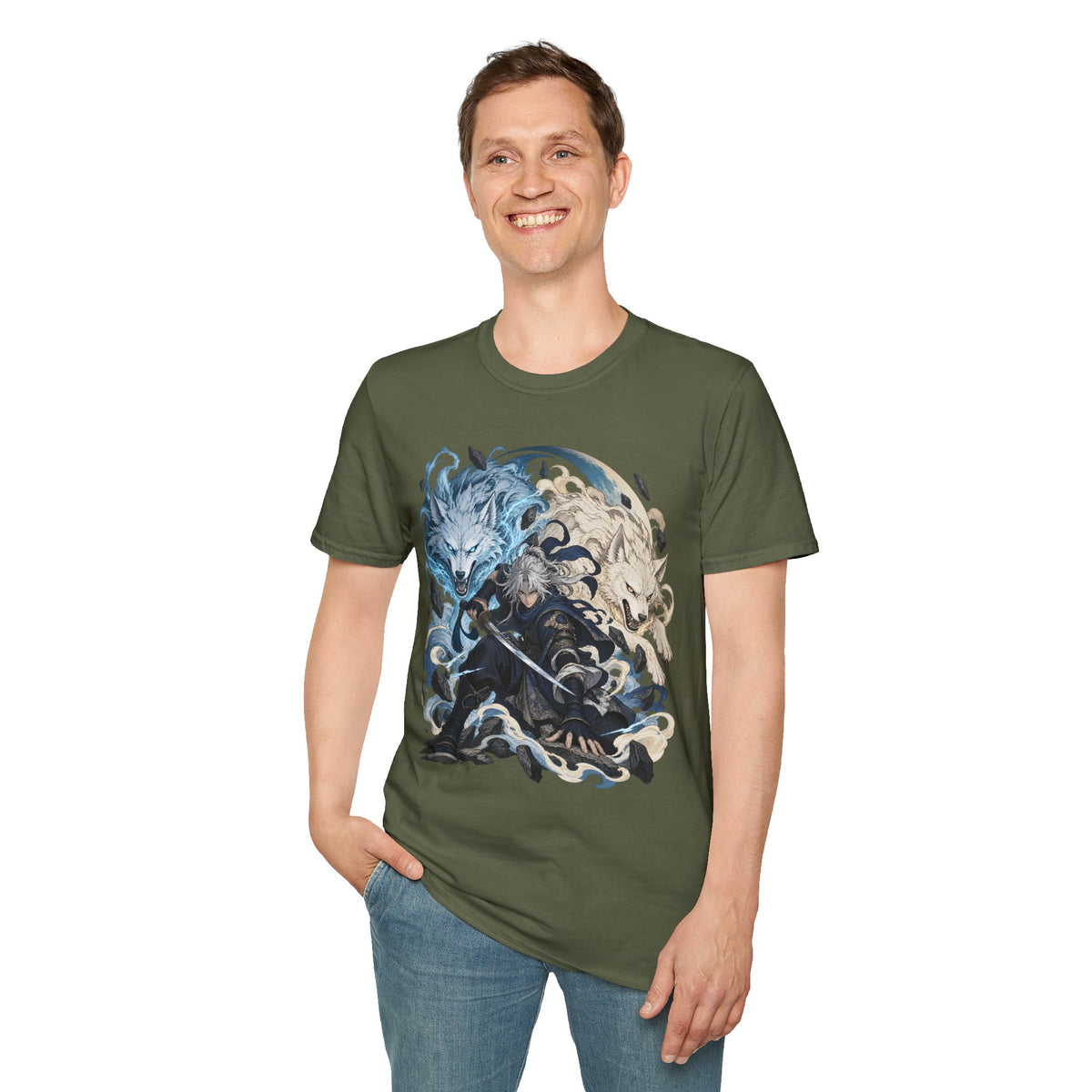 Wolf Spirit T-Shirt | Japanese Samurai | Yin Yang Blue & White Wolves Graphic Tee