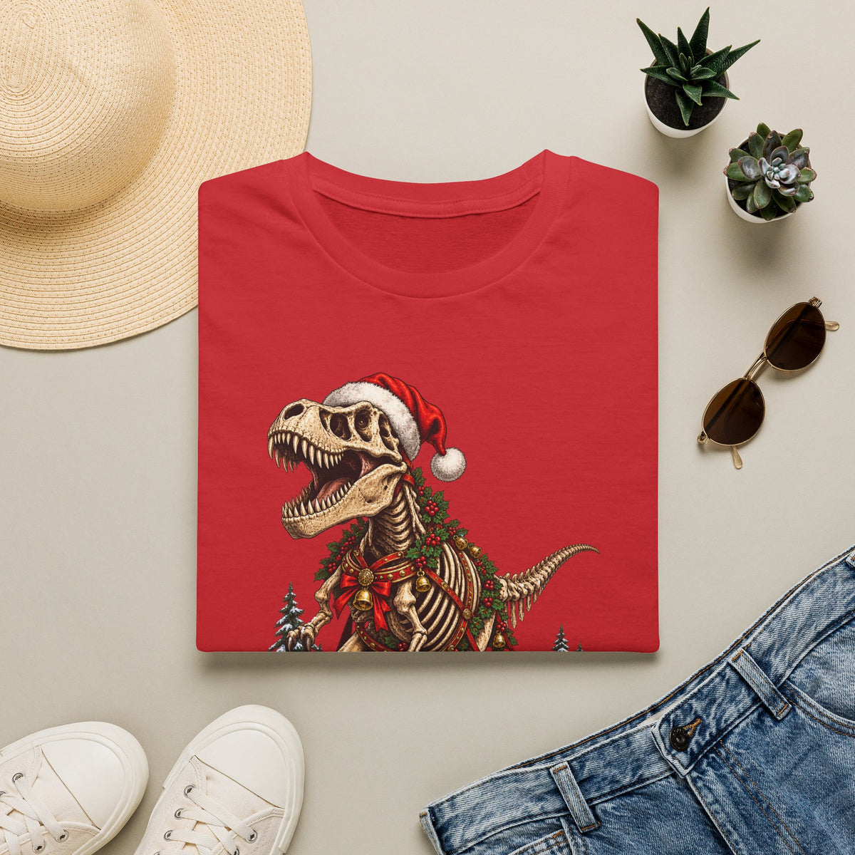 T-Rex Sleigh | Dinosaur Fossil Christmas T‑Shirt