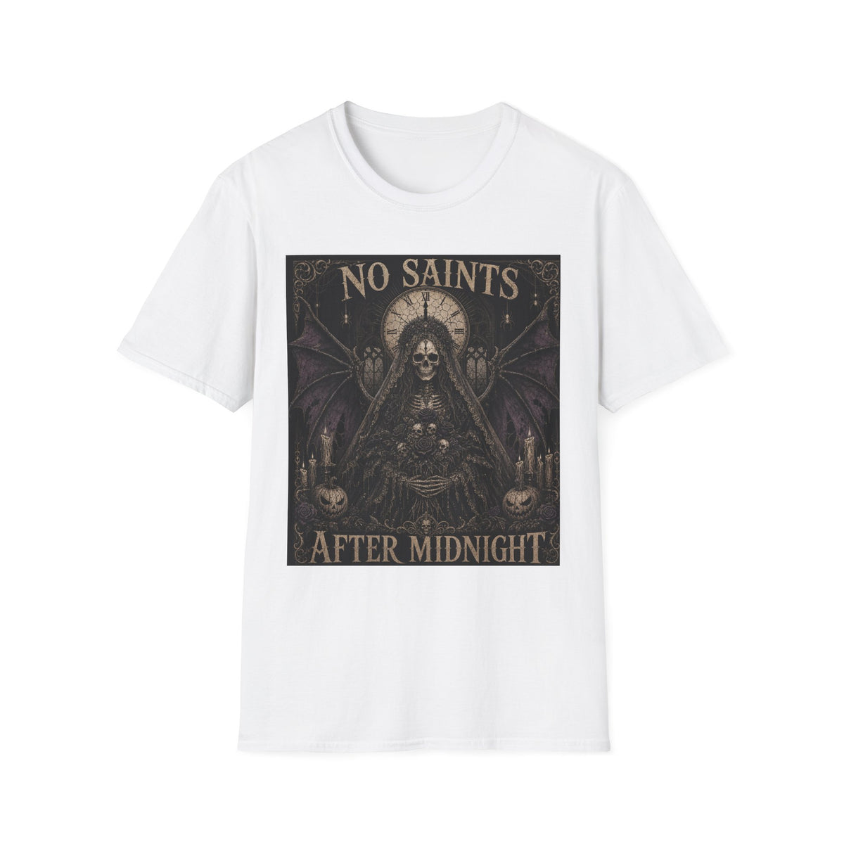 No Saints Graphic T-Shirt — Gothic Skull Clock Design