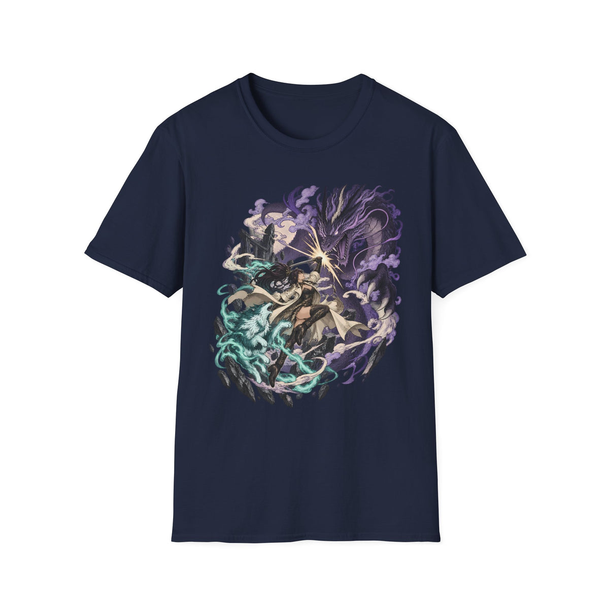 Samurai vs Spirit | Fantasy Warrior T-Shirt | Dual Magic Battle Illustration