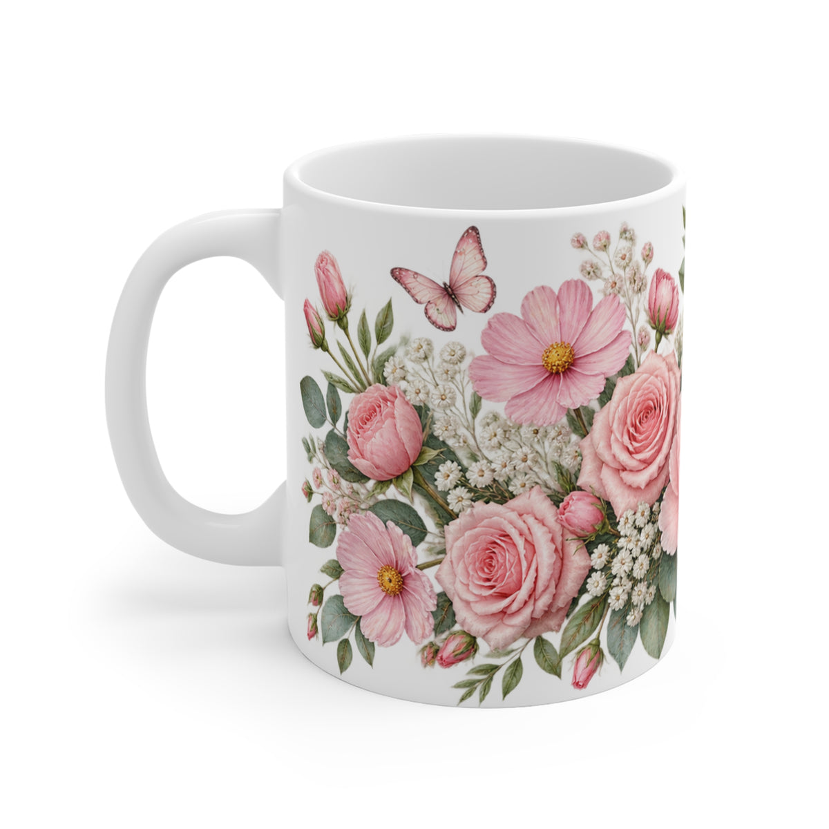 Pastel Pink Flowers and Butterflies Mug | Floral Design
